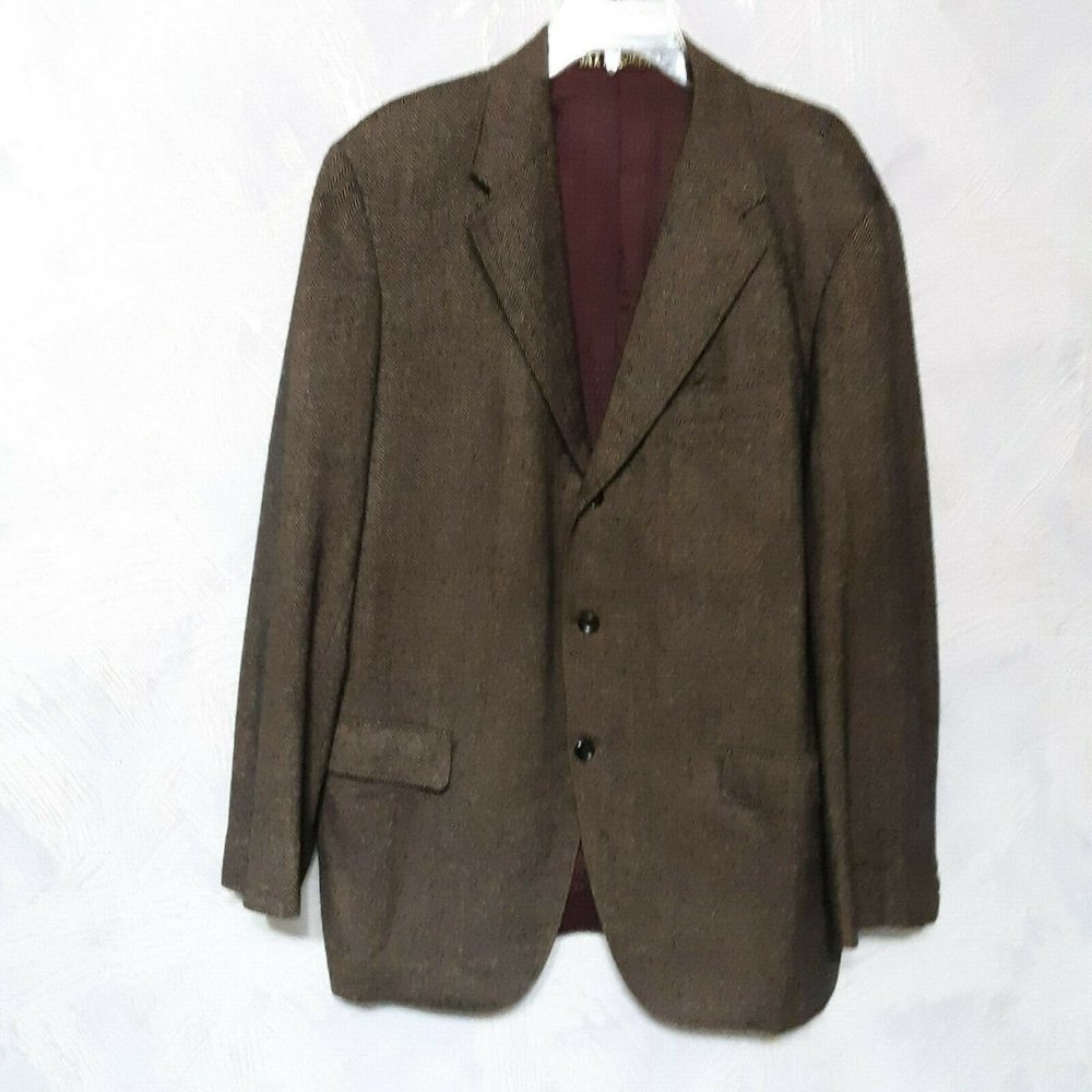 VINTAGE HANDMADE MENS BLAZER 44R Herringbone Gold